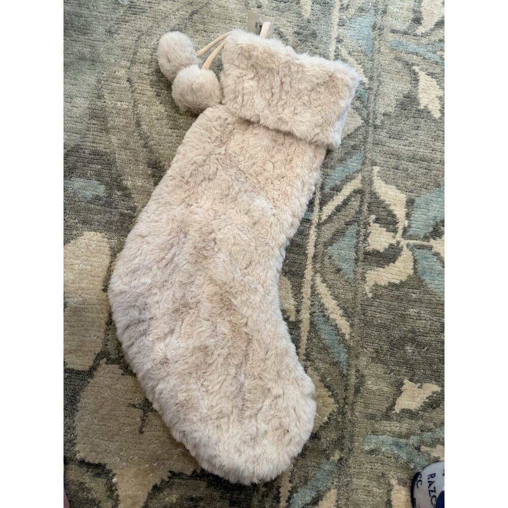 Nordstrom Beige Faux Fur Stocking With Hanging Balls NWT $50